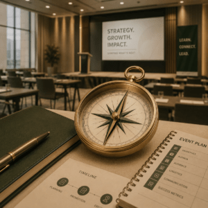 brújula sobre una mesa de planificación frente a una sala de evento, representando la guía estratégica para clientes en la organización de eventos presenciales.