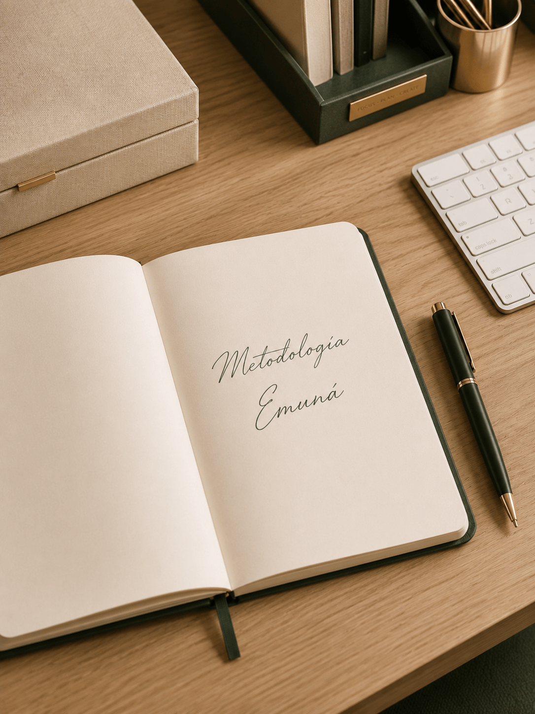 Metodología Emuná para eventos presenciales Cuaderno abierto en un escritorio premium con la frase Metodología Emuná, representando el proceso de dirección estratégica de eventos presenciales.